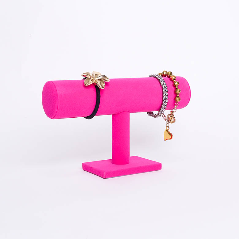 Soporte en T de Terciopelo Rosado para Exhibición de Pulsera y Relojes